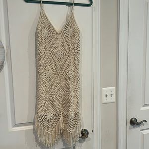 Lulu’s Staring at the Sunset Beige Crochet Fringe Mini Dress